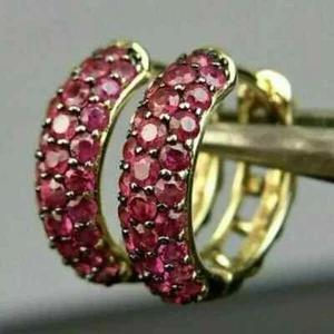 2Ct Round Cut Lab Created Pink Ruby Women's Hoop Earrings 14K Yellow Gold Plated - Picture 1 of 5