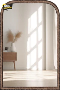 20"X30" Solid Wood Bathroom Mirror Arch Tempered Glass for Wall Mounted, Rustic - Picture 1 of 12