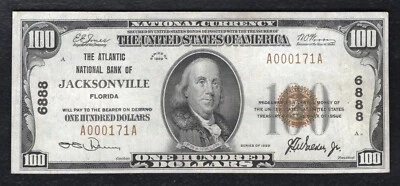 1929 $100 THE ATLANTIC NB OF JACKSONVILLE, FL NATIONAL CURRENCY CH. #6888 - Image 1 of 2