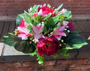Artificial Silk Grave Pot Flower Memorial Lilies Red Peonies Hand Made - Picture 1 of 3