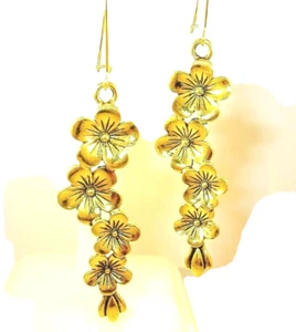 New  Very Long  Lovely  FLOWER  Drop  Gold-tone Drop Dangle Earrings   3" Long - Picture 1 of 3