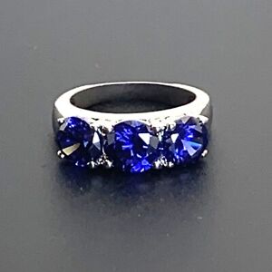 Sterling Silver Rhodium Finished Three 3CTW Stone Synthetic Sapphire Ring Size 5