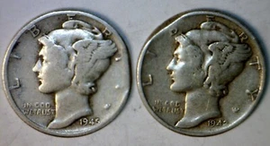 1942 & 1945 STRAIGHT CLIPPED ERROR SILVER Mercury Dime BLAKESLEY Clip 2 Coin LOT - Picture 1 of 6