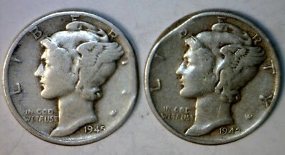 1942 & 1945 STRAIGHT CLIPPED ERROR SILVER Mercury Dime BLAKESLEY Clip 2 Coin LOT - Image 1 of 4