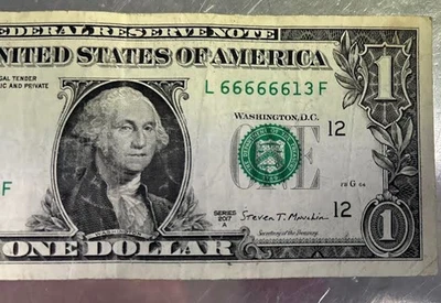 66666613 Binary Repeater Fancy Serial Number One Dollar Bill 6 of a kind - Image 1 of 4