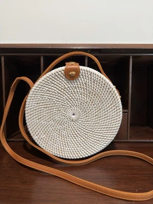 Bali Rattan Straw Crossbody Handbag Snap Close, Round Purse - Image 1 of 4