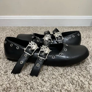 Black Mary Jane Flats Silver Skull Buckles Eyelets Gothic Grunge Sz 42 US 12 - Picture 1 of 12