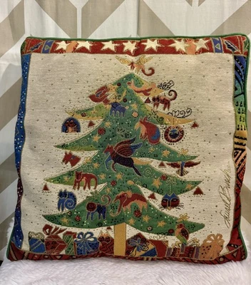 Laurel Burch Árbol de Navidad Gato Tapiz Almohada 18" Verde Ultra Gamuza Espalda Foto 1 de 4