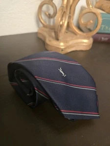 Vintage Men’s YSL Yves Saint Laurent Classic Silk Neck Tie Blue & Red Striped - Picture 1 of 6