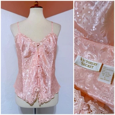 Top para dormir vintage años 90 Victoria’s Secret etiqueta dorada rosa jacquard encaje botón L Foto 1 de 4