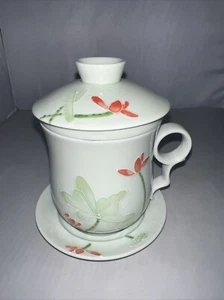 Teavana Mint Green Textured Tea Cup With Saucer And Lid Set Floral Porcelain - Picture 1 of 9