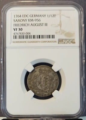 1764 EDC GERMANY SILVER 1/12 THALER SAXONY FRIEDICH AUGUST III NGC VF 30 - Image 1 of 3