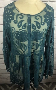 Lane Bryant Damen Übergröße 18/20 türkis Langarm Spitze durchsichtig Bluse Knopfleiste - Bild 1 von 5