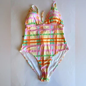 Vero Moda Women's Large One Piece Swimsuit Plaid Dea Print White Full Coverage - Picture 1 of 9