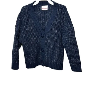 Hanna Andersson Sweater Size 4 100cm Cardigan Dark Blue Metallic Chunky V-Neck - Picture 1 of 7