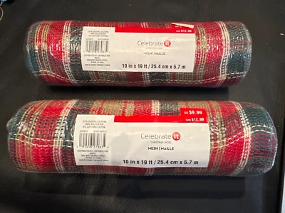 Lot of 2 Christmas Mesh Ribbon 10x19 ft Red, Green, Tan - Image 1 of 3