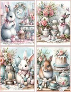 8 Bunny Rabbit Shabby Chic glossy blank fold out card w/envelopes organza bag - Picture 1 of 4
