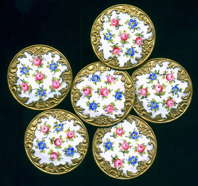 Set of 6 Gorgeous Large Enamel Antique Buttons, Roses & Forget-Me-Nots - Image 1 of 3