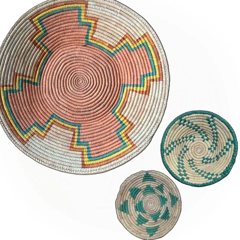 Vintage Colorful African Hand Woven Coil Basket Plate Folk Art Design Set Of 3 Cover