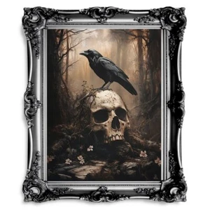 Raven and Skull Wall Art Print – Gothic Occult Art in a Mystical Forest - Picture 1 of 23