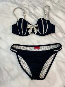 Conjunto de traje de baño vintage Y2K Betsey Johnson bikini L lunares pinup vamp retro - Imagen 1 de 7
