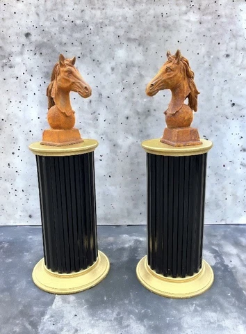 Pair Of Horse Head Statues, Cast Iron, Large In Size. With Corinthian Columns Cover