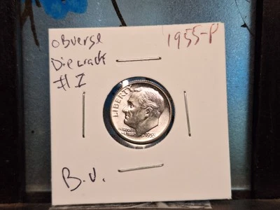 1955 p Roosevelt Silver dime, obverse die break - Image 1 of 3
