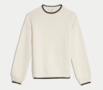 EX M&S Knitted Jumper Oversized Short Whipstitch Crew Neck Sweater Comfy Layer - Image 1 of 4