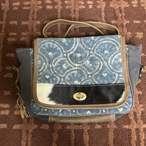 Myra Western Style Handbag With Flap And Zipper Closure… Blue Design With Hide - Picture 1 of 15