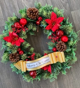 Christmas Artificial Silk Wreath - Red Poinsettia and Pinecone Door or Memorial - Picture 1 of 2