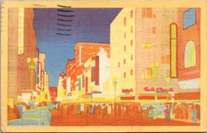 Cartolina BROADWAY STREET SCENE vista notturna Los Angeles, California CA c1946 lino - Foto 1 di 2