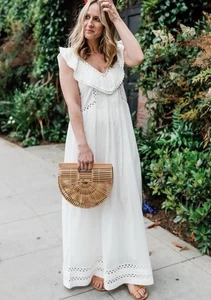 Sezane Manny Maxi Dress White S XS Beach Holiday Paris Cotton Peasant Bohemian - Picture 1 of 11