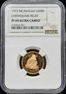 1975 NICARAGUA Gold 500 CORDOBAS NGC PF-69 ULTRA CAMEO EARTHQUAKE RELIEF - Picture 1 of 2