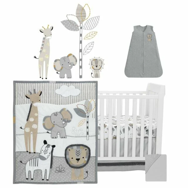 Lambs & Ivy Jungle Safari Nursery Baby Crib Bedding Set, Gray/Tan/White - 6 Piece