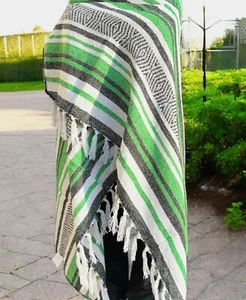 Light Green Mexican Falsa Blanket. Handwoven X-Large 60% Cotton Yoga Mat Throw. - Picture 1 of 5