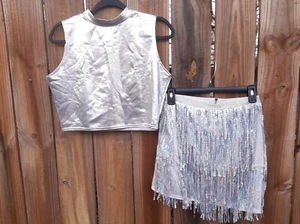 2 Pc Rave AB Sequin Fringe Skirt & Silver Lame Crop Top NWT 8/ XL New - Picture 1 of 6