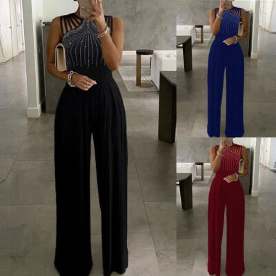 Damen Elegant Jumpsuit Lang Einteiler Sommer Schulterfrei Hosenanzug Overall  - Bild 1 von 4