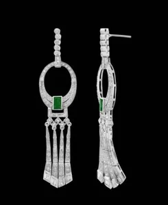 4. Carat Colombian Emerald Cut Emerald & White CZ Hanging Earrings In 925 Silver - Picture 1 of 6