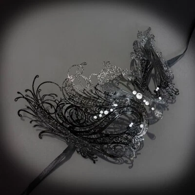 Womens Beautiful Swan Filigree Venetian Black Masquerade Mask [Silver Glitter] - Image 1 of 4