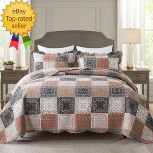 King Quilt Bedding Set - 3 Pieces Vintage Quilt Sets Microfiber Bedspreads Flora - Picture 1 of 12