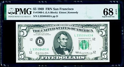 $5 1969 Federal Reserve Note San Francisco PMG 68 EPQ Superb Gem Uncirculated - Image 1 of 3