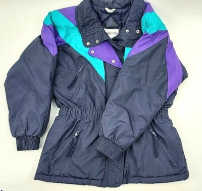 Jaqueta feminina vintage anos 90 colorida Cabin Creek zíper completo preta turquesa roxa tamanho P - Imagem 1 de 4