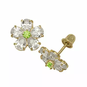14K Yellow Gold Baby Girl's Peridot Created Diamond Flower Shape Stud Earrings - Picture 1 of 1