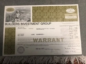 Sammler Aktie BUILDERS INVESTMENT GROUP  14.12.1971 # W-05613 - Bild 1 von 2