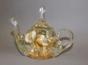 Joe St Clair Kunst Glas Teekanne Briefbeschwerer Ring Halter Trompete Blumen - Bild 1 von 3