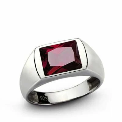 Lab Created Red Ruby Men's 935 Argentium Silver Engagement Unique Ring - Image 1 of 4