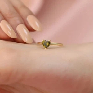 10K Yellow Gold With Simulated Heart Green Peridot Solitaire Engagement Ring - Picture 1 of 5