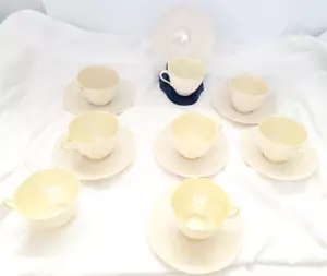 Belleek Shell Ivory Lusterware Scalloped Cup Saucer Set Green 5th Mark 1955-1965 - Picture 1 of 21