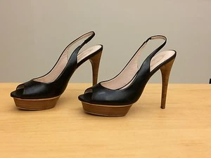 ELIE TAHARI PEEPTOE BLACK LEATHER SONIA PLATFORM SLINGBACK EU 39/USA 8 NWB - Picture 1 of 10
