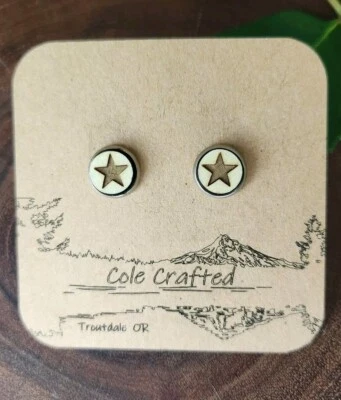 Star Earrings Wood Handmade 8mm Bezel Set Celestial Patriot Western Boho Gift  - Image 1 of 4